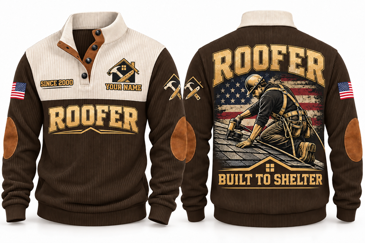 Roofer Built to Shelter Sports Sweatshirt in Brown, front and back