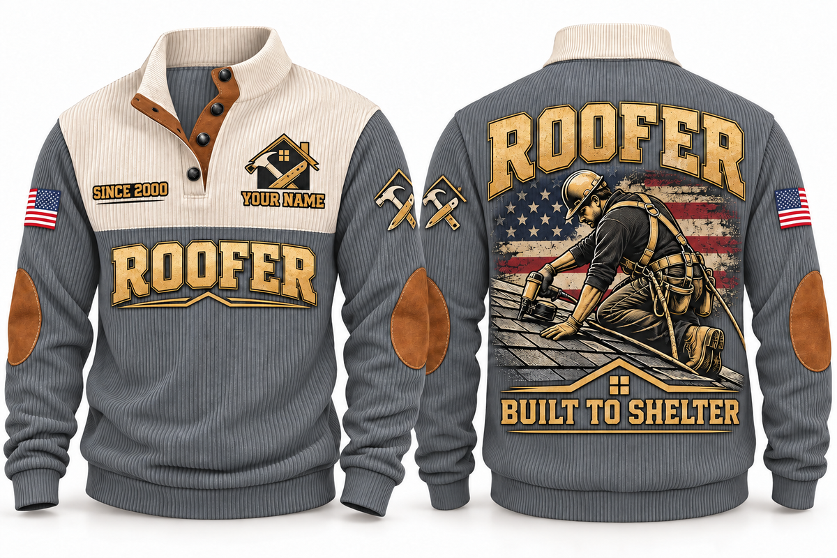 Roofer Built to Shelter Sports Sweatshirt in Grey, front and back