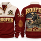 Roofer Built to Shelter Sports Sweatshirt in Jujube Red, front and back