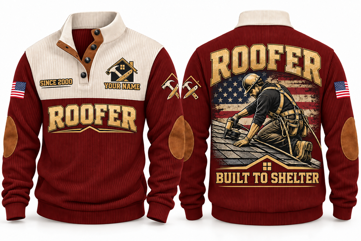 Roofer Built to Shelter Sports Sweatshirt in Jujube Red, front and back
