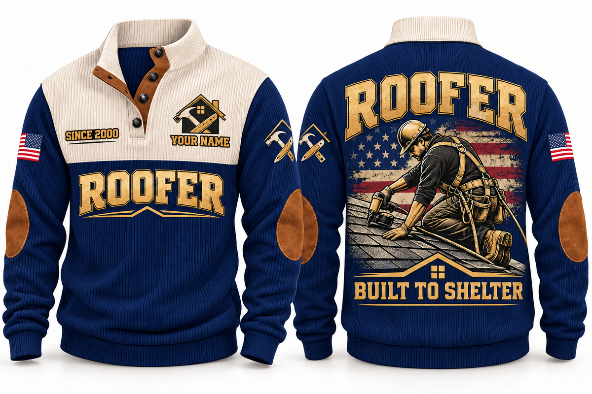 Roofer Built to Shelter Sports Sweatshirt in Navy, front and back