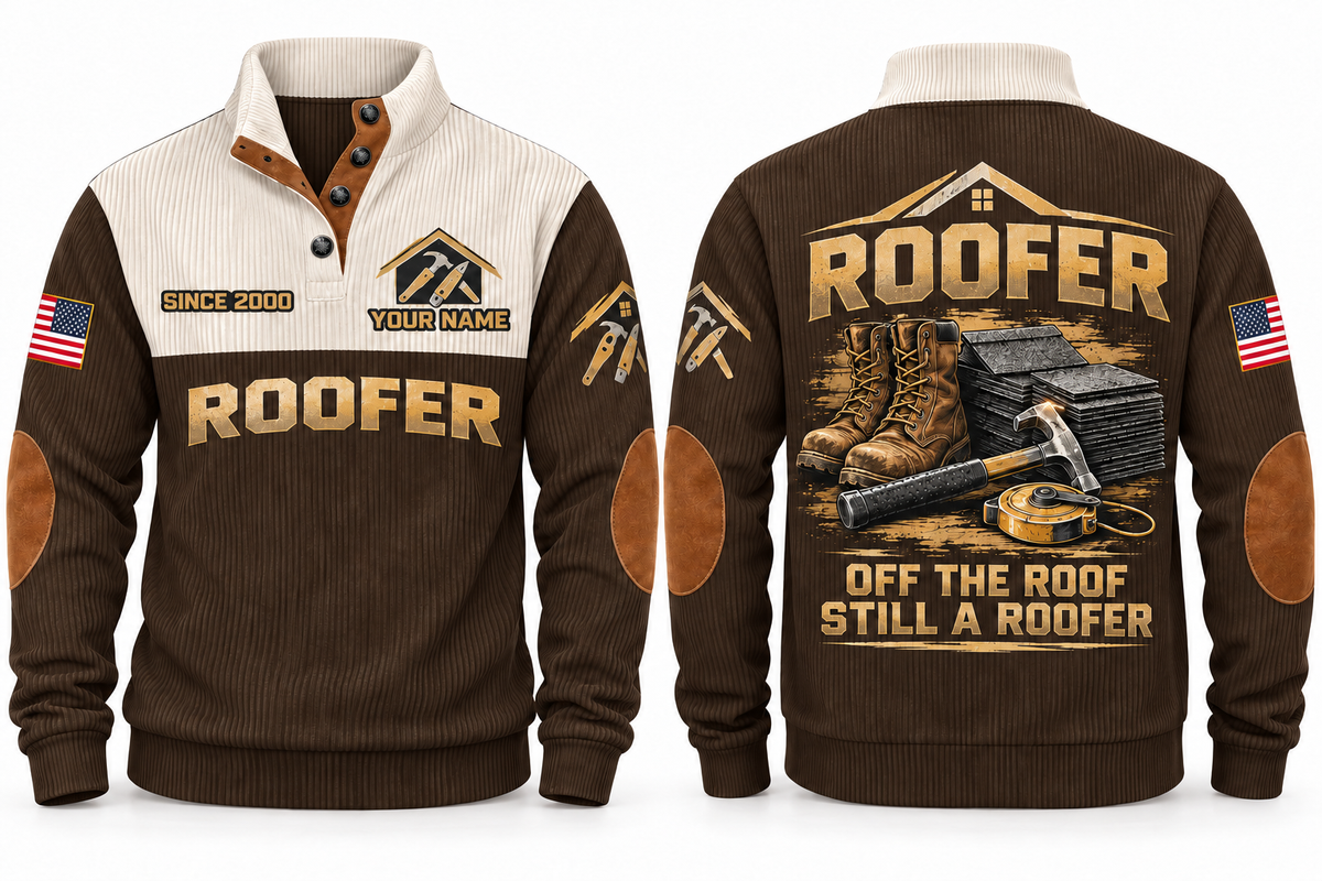 Roofer Off the Roof Sports Sweatshirt in Brown, front and back