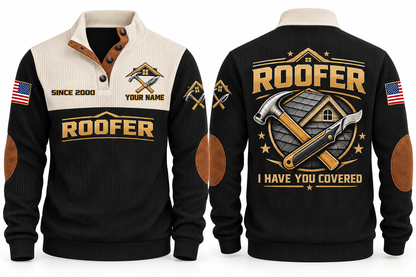 Roofer Covering Your World Sports Sweatshirt in Black, front and back