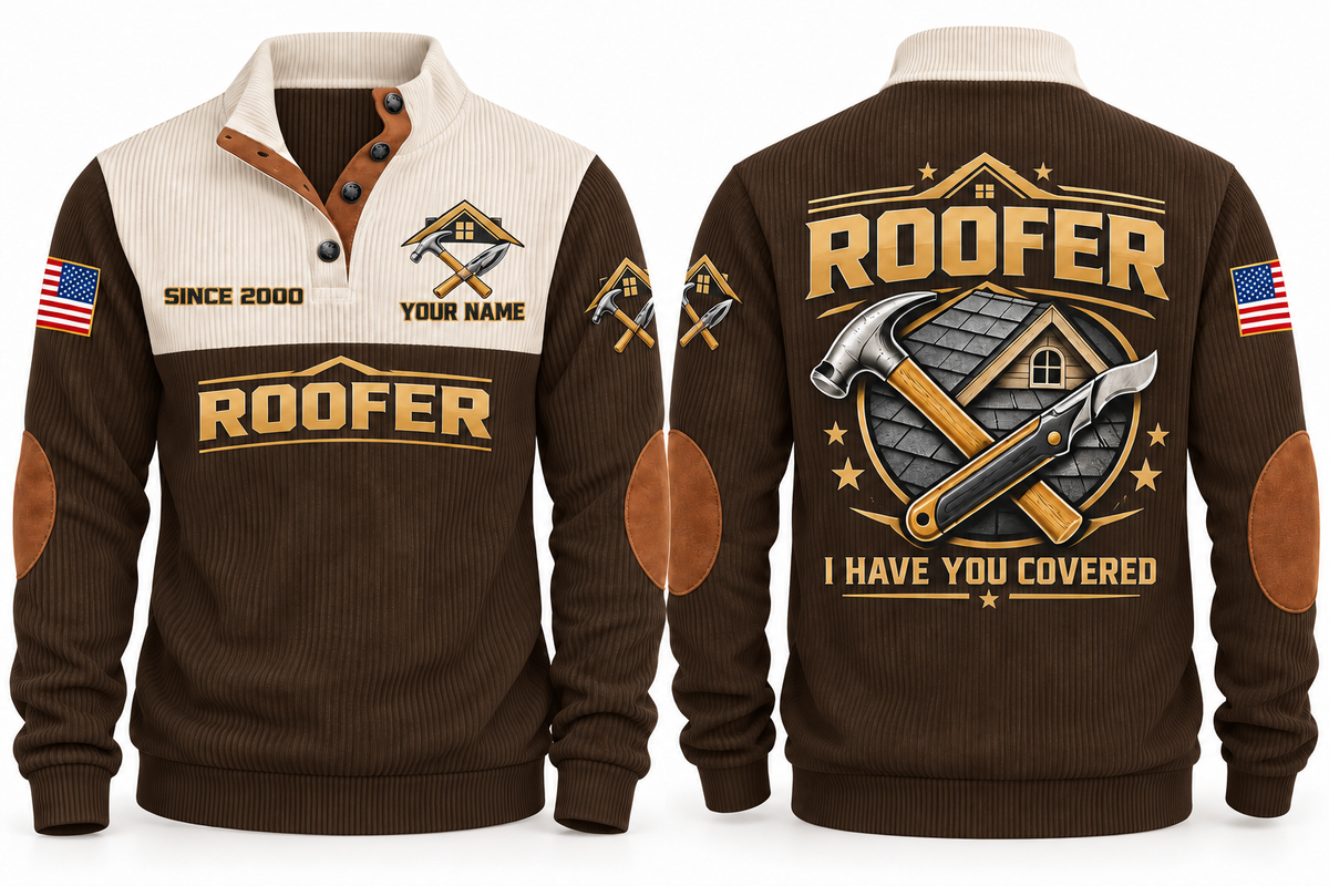 Roofer Covering Your World Sports Sweatshirt in Brown, front and back