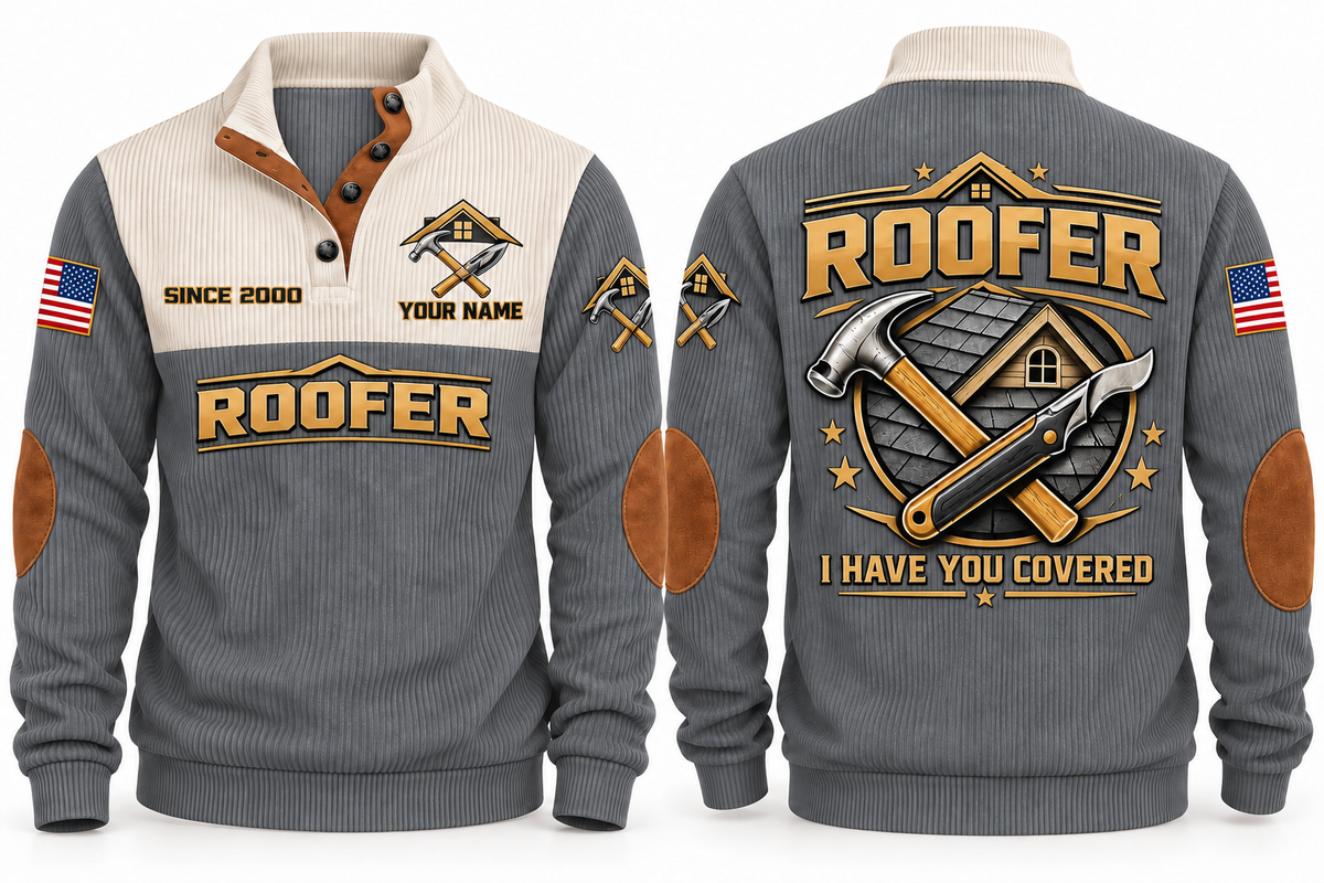 Roofer Covering Your World Sports Sweatshirt in Grey, front and back