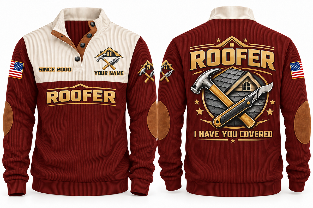 Roofer Covering Your World Sports Sweatshirt in Jujube Red, front and back