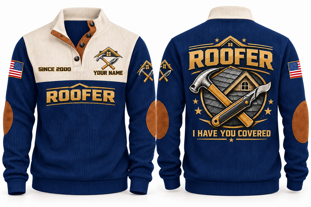 Roofer Covering Your World Sports Sweatshirt in Navy, front and back
