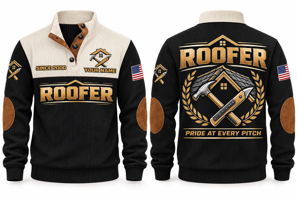 Roofer Pride at Every Pitch Sports Sweatshirt in Black, front and back
