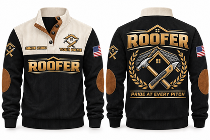 Roofer Pride at Every Pitch Sports Sweatshirt in Black, front and back
