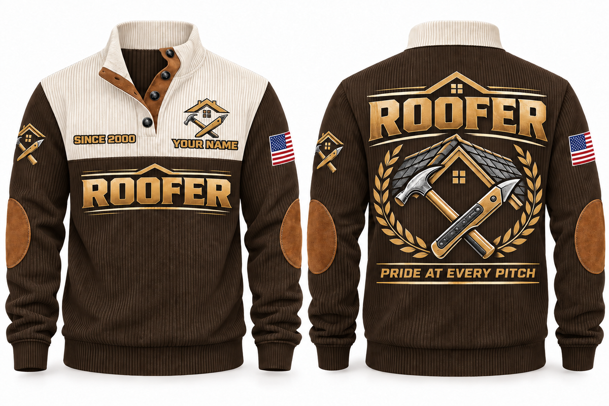 Roofer Pride at Every Pitch Sports Sweatshirt in Brown, front and back