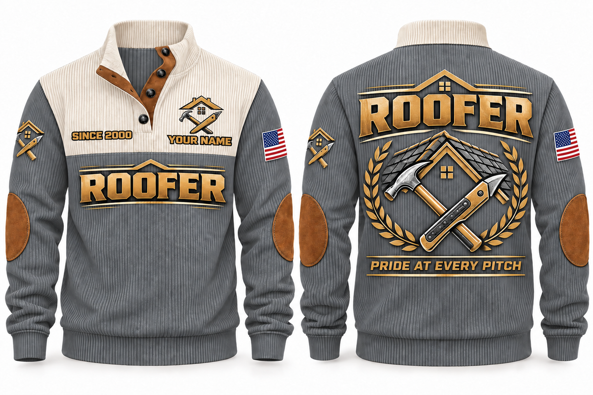 Roofer Pride at Every Pitch Sports Sweatshirt in Grey, front and back