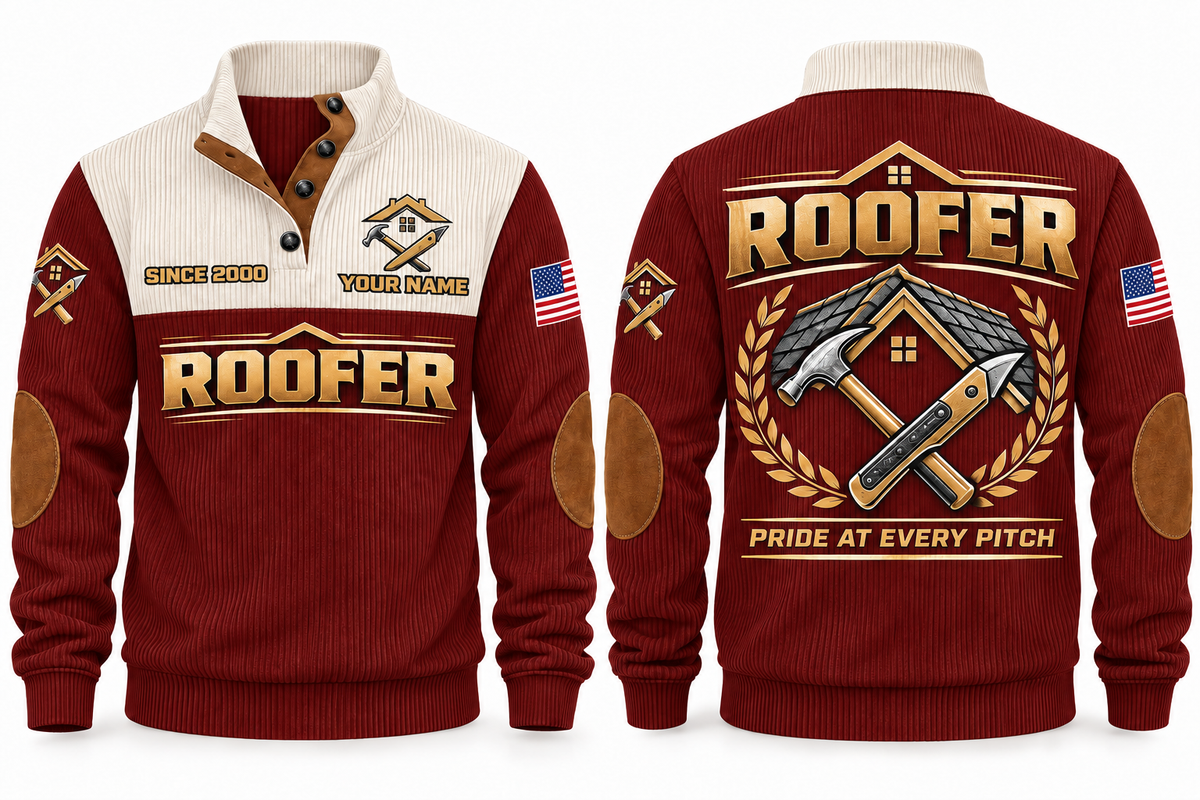 Roofer Pride at Every Pitch Sports Sweatshirt in Jujube Red, front and back