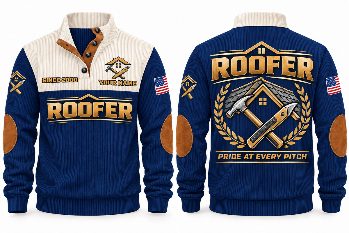 Roofer Pride at Every Pitch Sports Sweatshirt in Navy, front and back