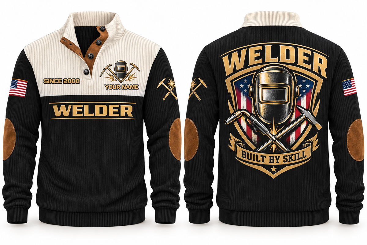 Welder Built by Skill Sports Sweatshirt in Black, front and back