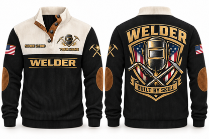 Welder Built by Skill Sports Sweatshirt in Black, front and back