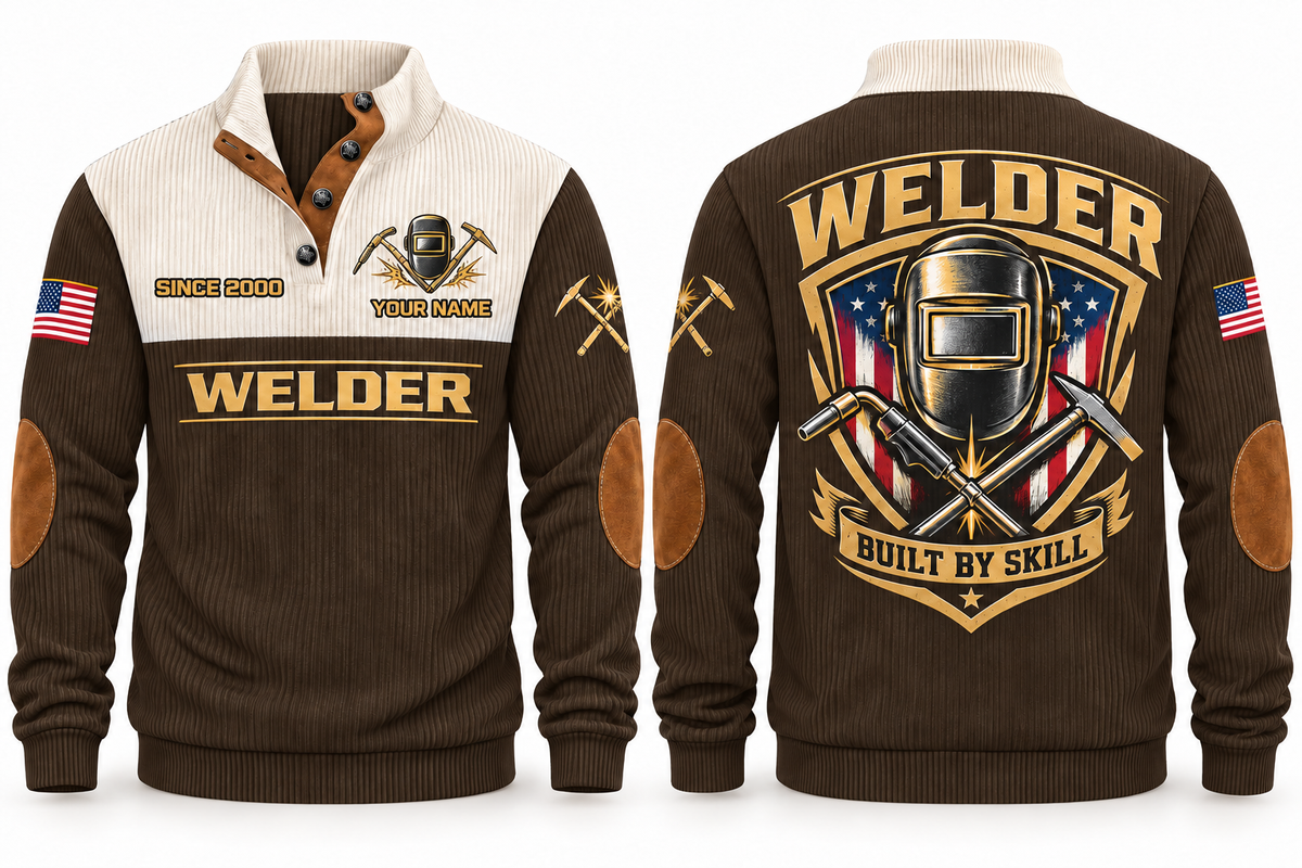 Welder Built by Skill Sports Sweatshirt in Brown, front and back