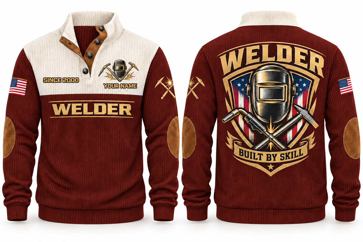 Welder Built by Skill Sports Sweatshirt in Jujube Red, front and back