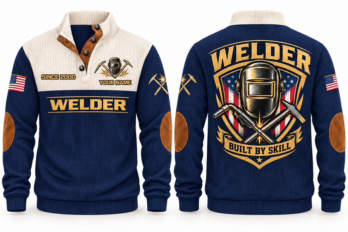 Welder Built by Skill Sports Sweatshirt in Navy, front and back
