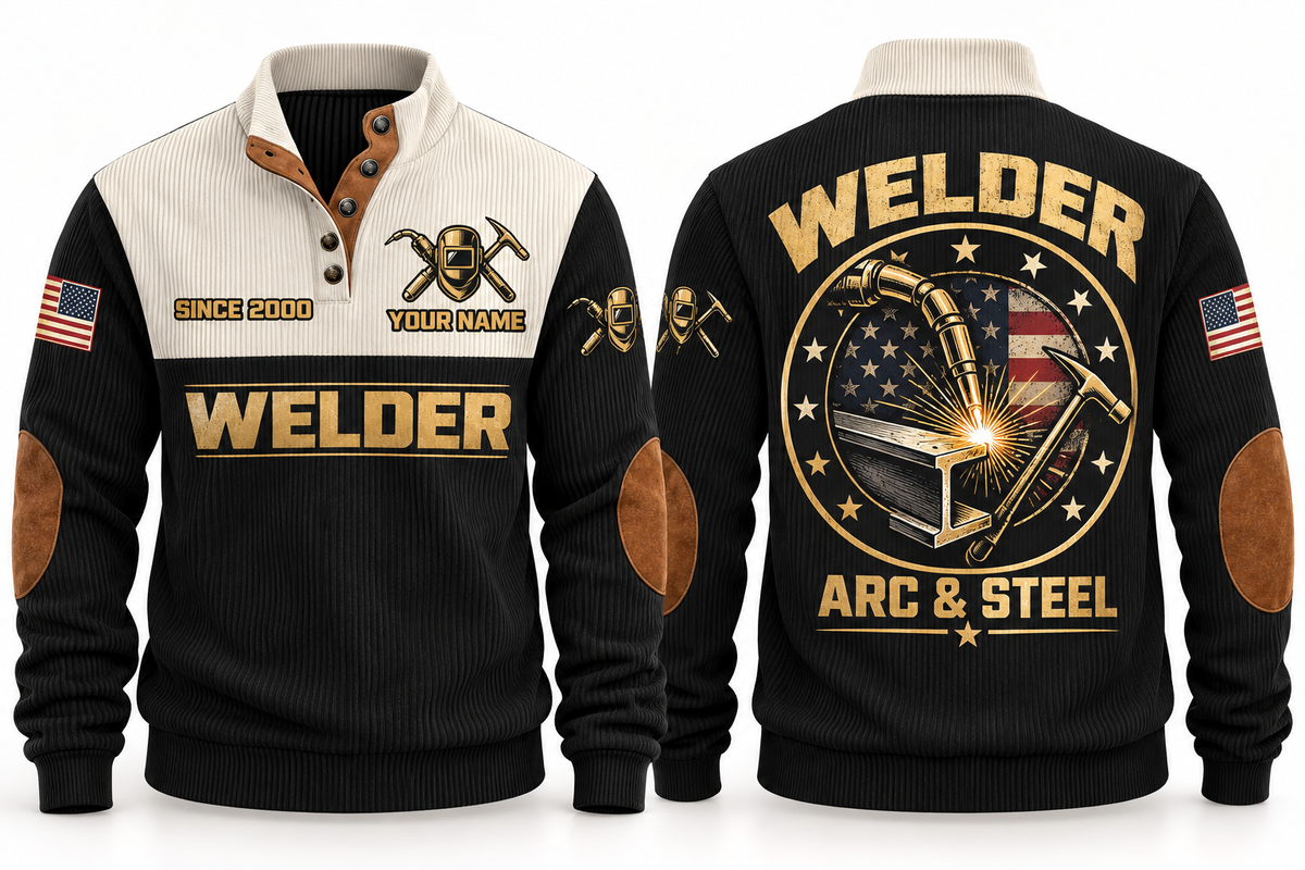 Welder Arc & Steel Sports Sweatshirt in Black, front and back
