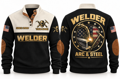Welder Arc & Steel Sports Sweatshirt in Black, front and back