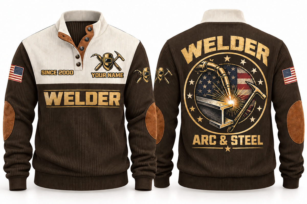 Welder Arc & Steel Sports Sweatshirt in Brown, front and back
