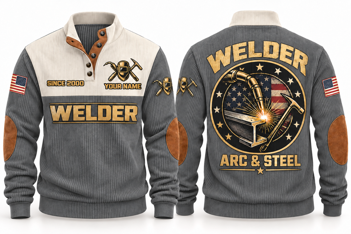 Welder Arc & Steel Sports Sweatshirt in Grey, front and back
