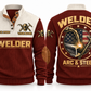 Welder Arc & Steel Sports Sweatshirt in Jujube Red, front and back