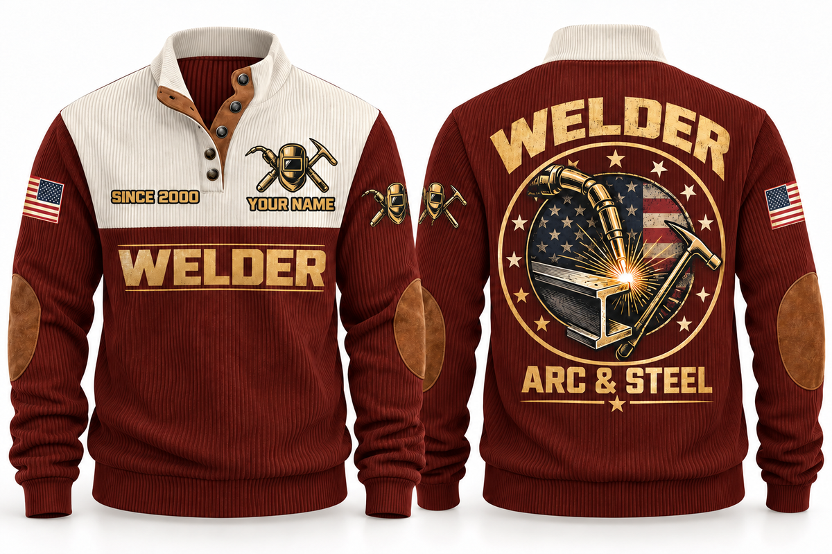 Welder Arc & Steel Sports Sweatshirt in Jujube Red, front and back