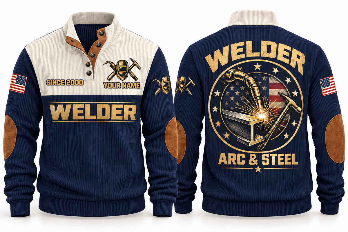 Welder Arc & Steel Sports Sweatshirt in Navy, front and back