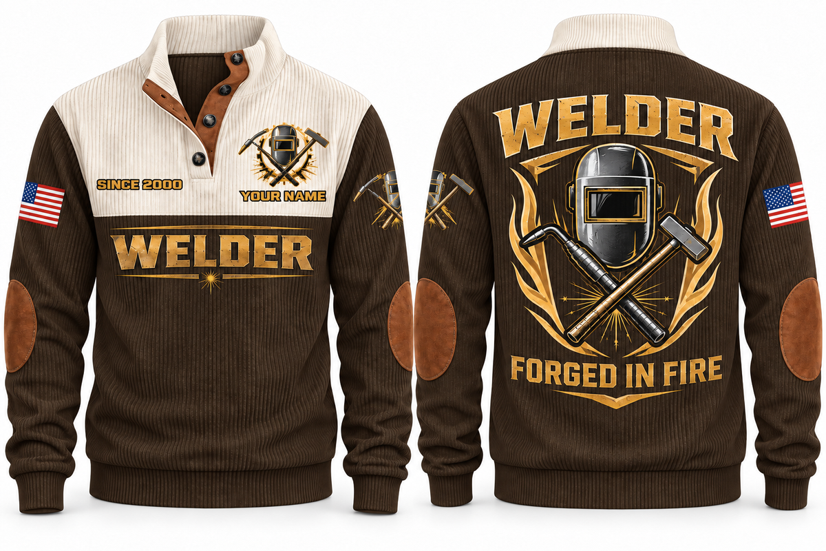 Welder Forged in Fire Sports Sweatshirt in Brown, front and back