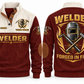 Welder Forged in Fire Sports Sweatshirt in Jujube Red, front and back