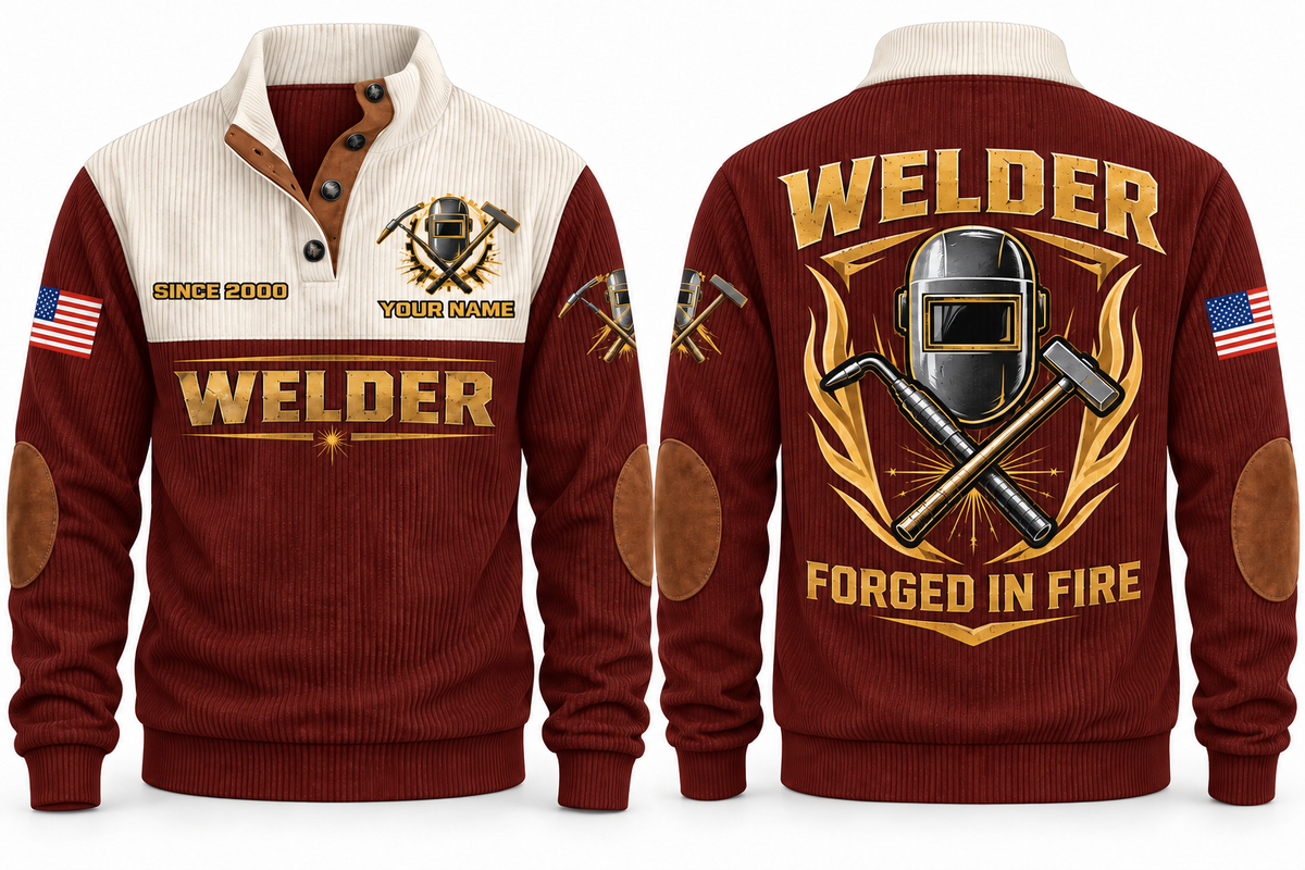 Welder Forged in Fire Sports Sweatshirt in Jujube Red, front and back