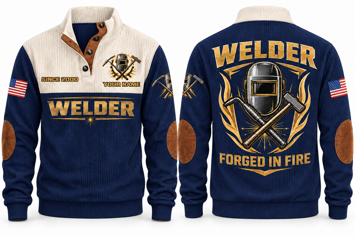 Welder Forged in Fire Sports Sweatshirt in Navy, front and back