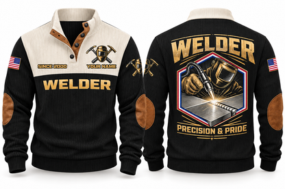 Welder Precision Bead Sports Sweatshirt in Black, front and back