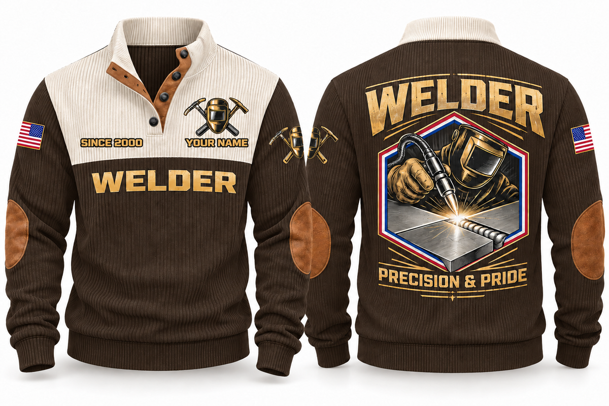 Welder Precision Bead Sports Sweatshirt in Brown, front and back
