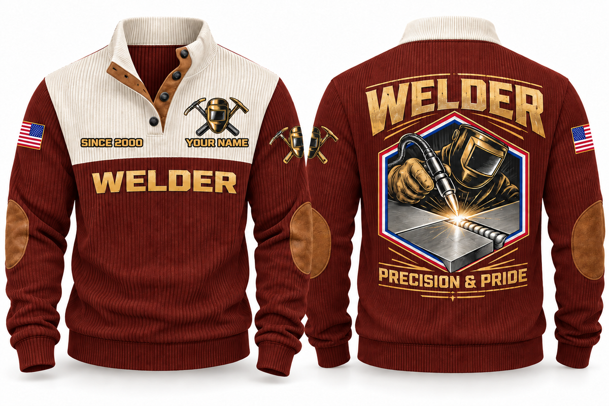 Welder Precision Bead Sports Sweatshirt in Jujube Red, front and back