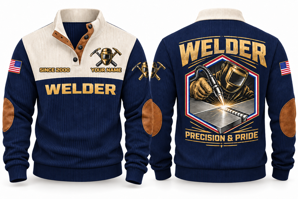 Welder Precision Bead Sports Sweatshirt in Navy, front and back