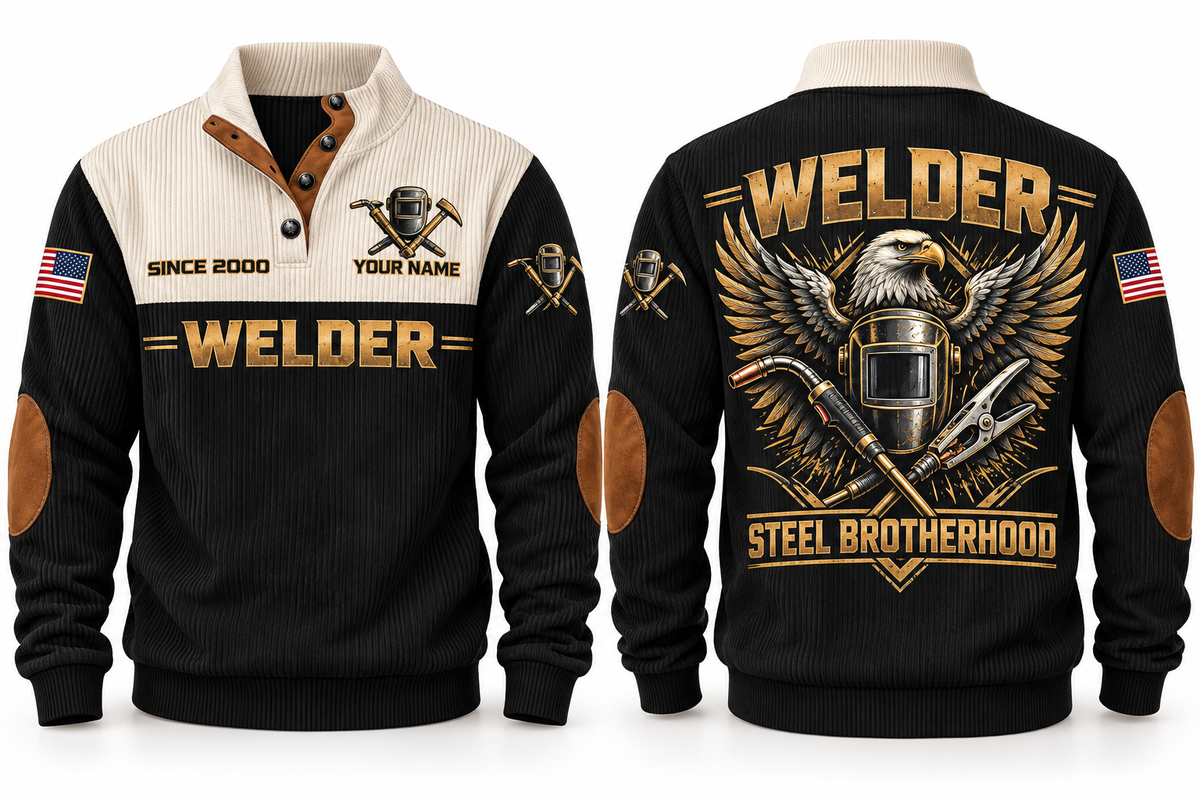Welder Steel Brotherhood Sports Sweatshirt in Black, front and back