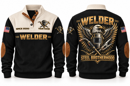 Welder Steel Brotherhood Sports Sweatshirt in Black, front and back