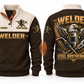 Welder Steel Brotherhood Sports Sweatshirt in Brown, front and back