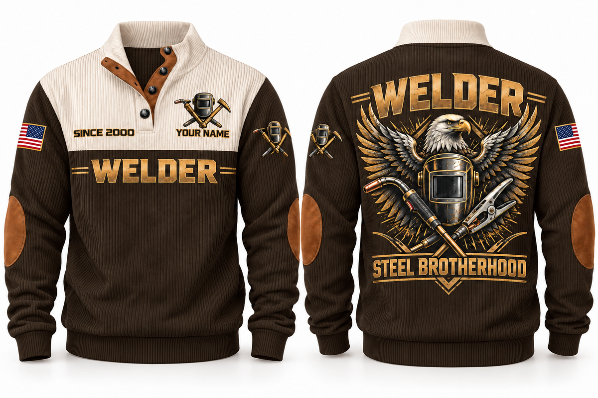 Welder Steel Brotherhood Sports Sweatshirt in Brown, front and back