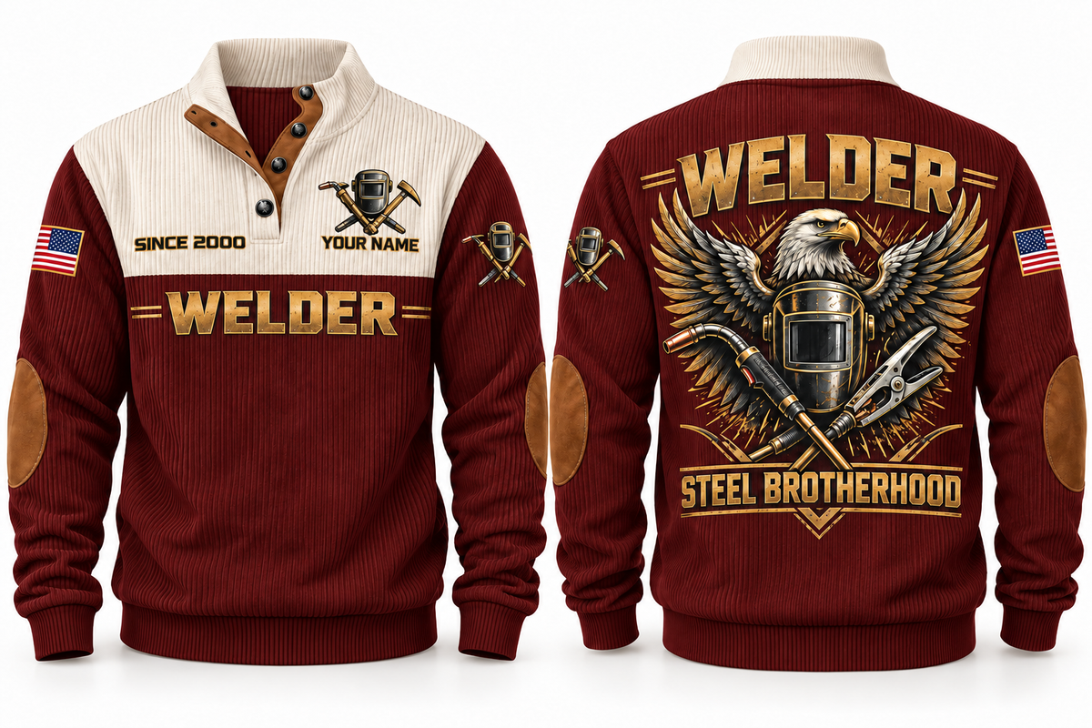 Welder Steel Brotherhood Sports Sweatshirt in Jujube Red, front and back