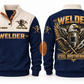 Welder Steel Brotherhood Sports Sweatshirt in Navy, front and back