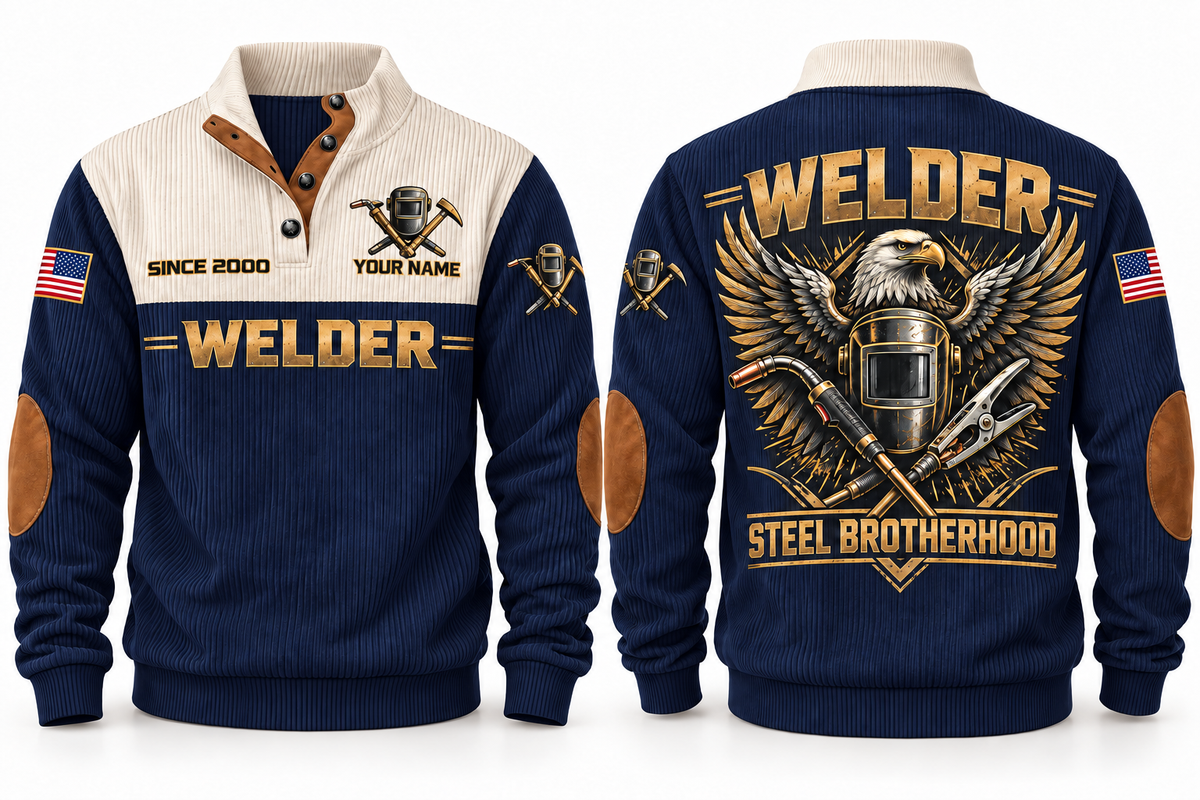 Welder Steel Brotherhood Sports Sweatshirt in Navy, front and back