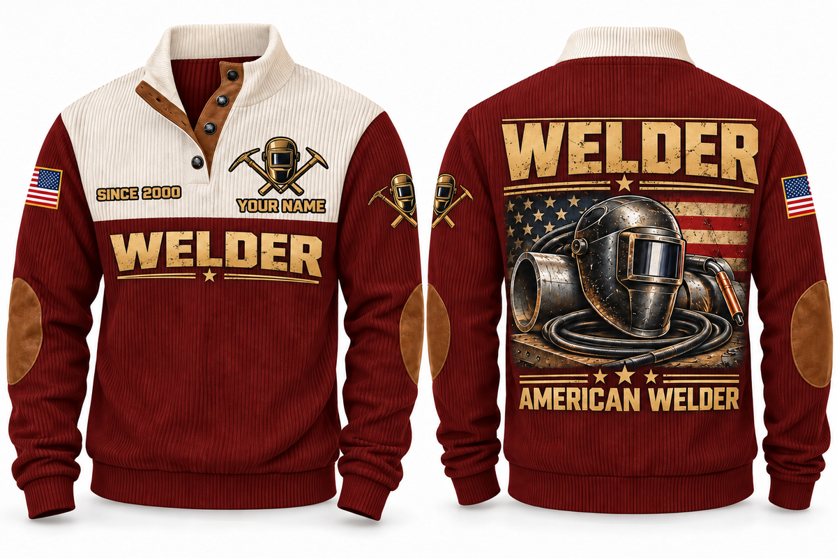 Welder American Welder Sports Sweatshirt in Jujube Red, front and back