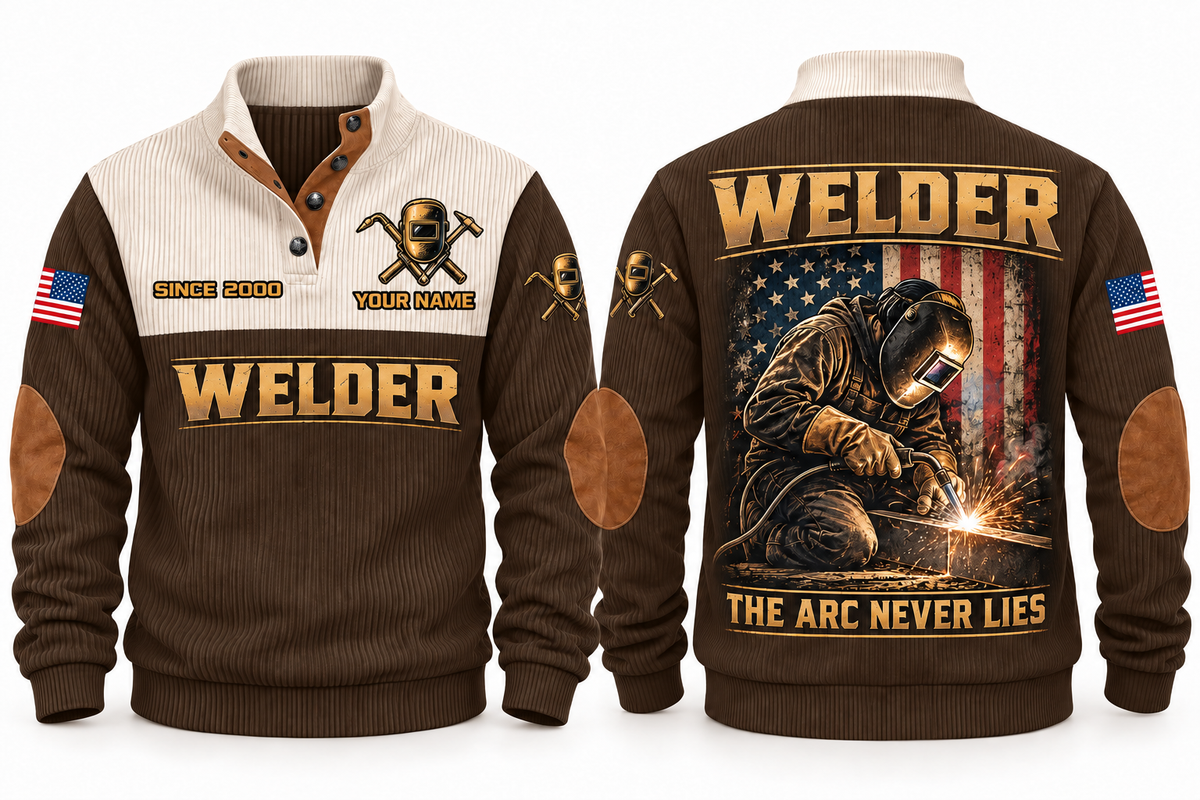 Welder The Arc Never Lies Sports Sweatshirt in Brown, front and back