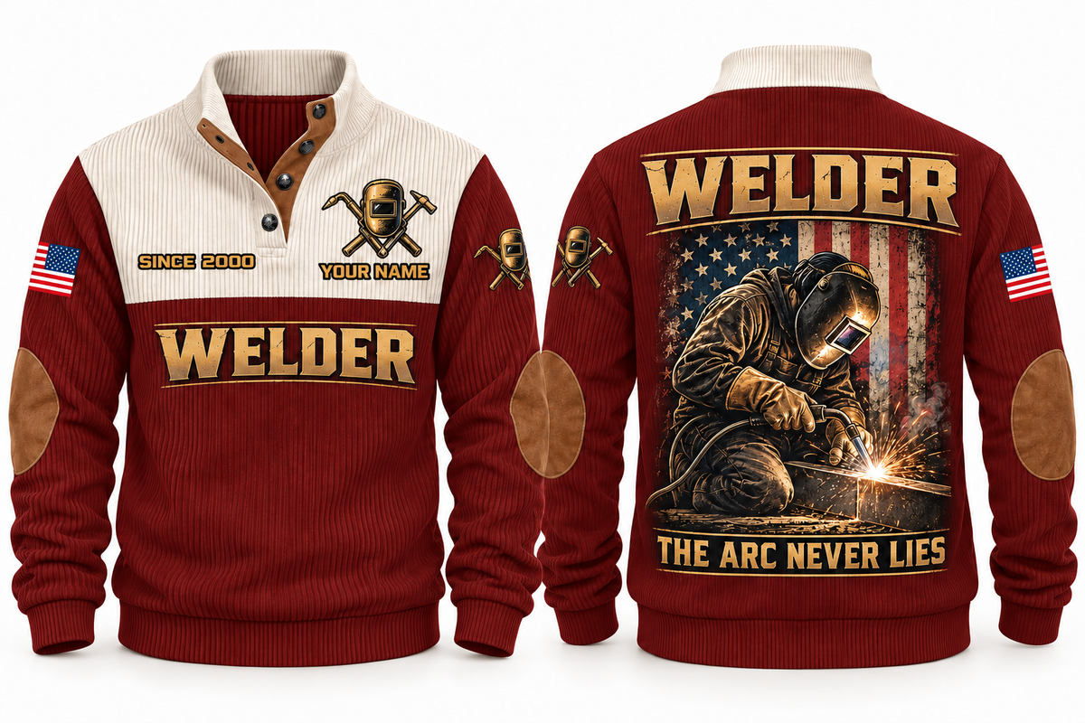 Welder The Arc Never Lies Sports Sweatshirt in Jujube Red, front and back