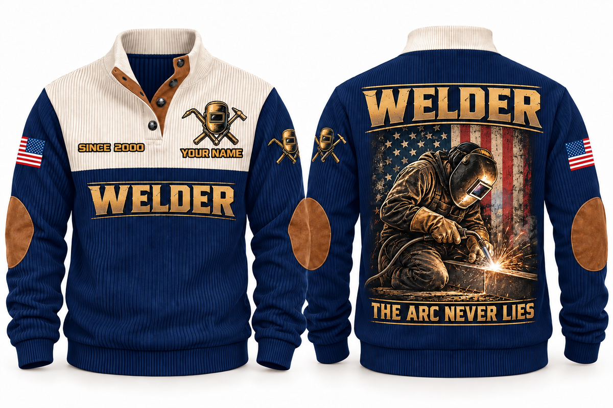 Welder The Arc Never Lies Sports Sweatshirt in Navy, front and back