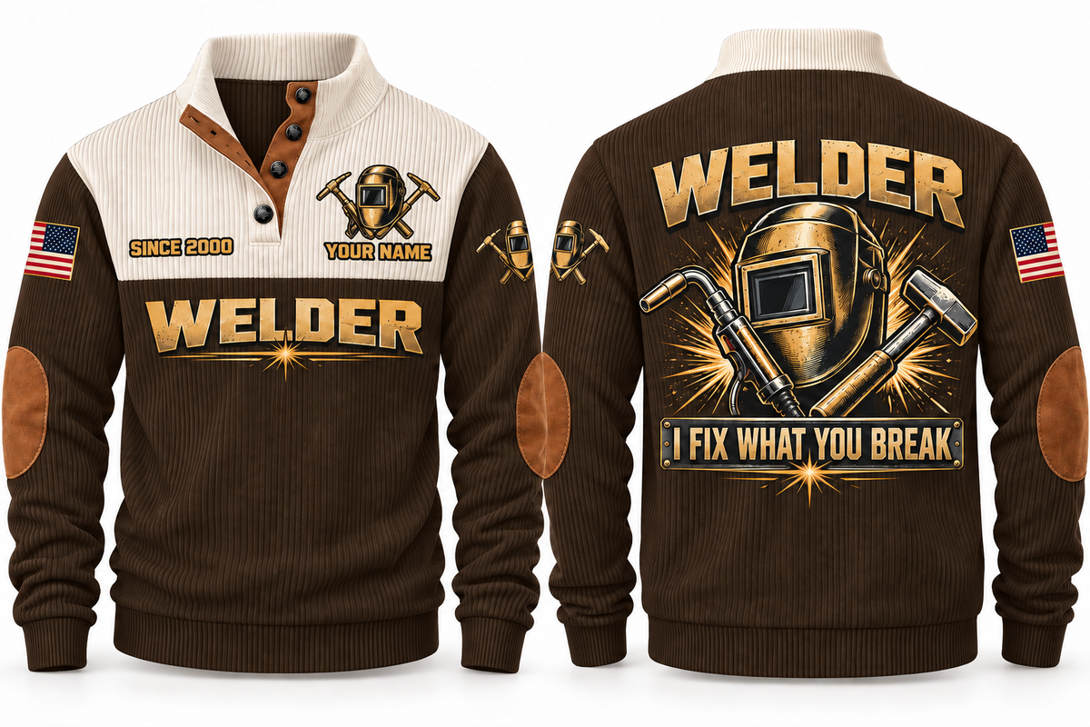 Welder Fixing Your Mistakes Sports Sweatshirt in Brown, front and back