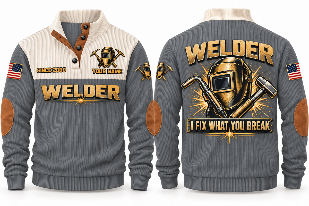 Welder Fixing Your Mistakes Sports Sweatshirt in Grey, front and back